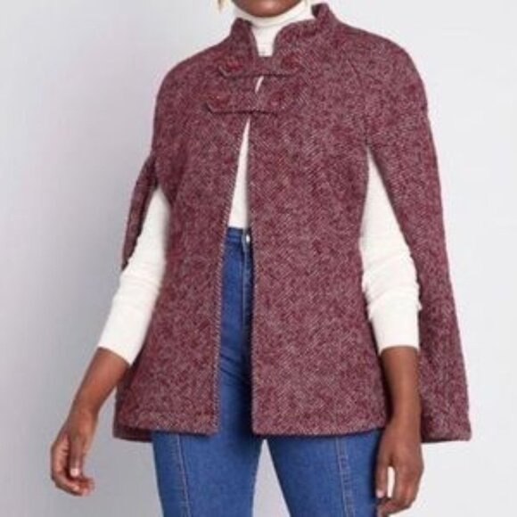 ModCloth Pardon My French Quarter Cape Wool Blend Tweed Red Herringbone Wide 56" - Picture 1 of 13